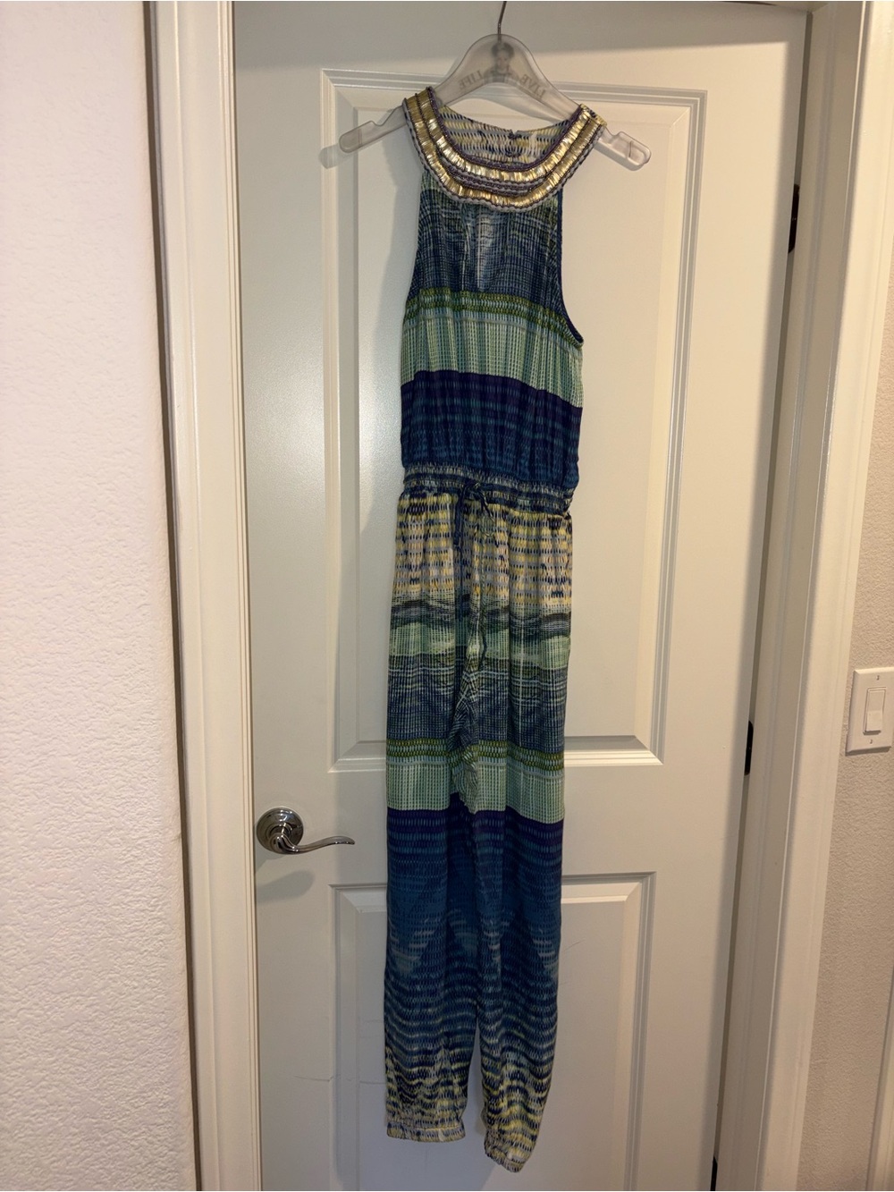 CHARLIE JADE Graphic Print Embellished Neck Blue Green Jumpsuit Size S